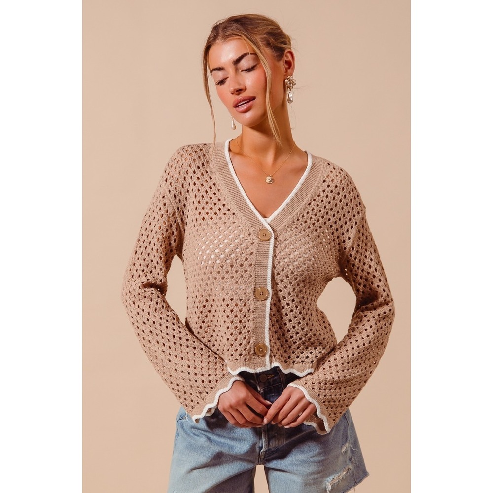 SO‎ ME Open Knit Light Weight Sweater Cardigan With Contrast Wavy Scallop Edge M